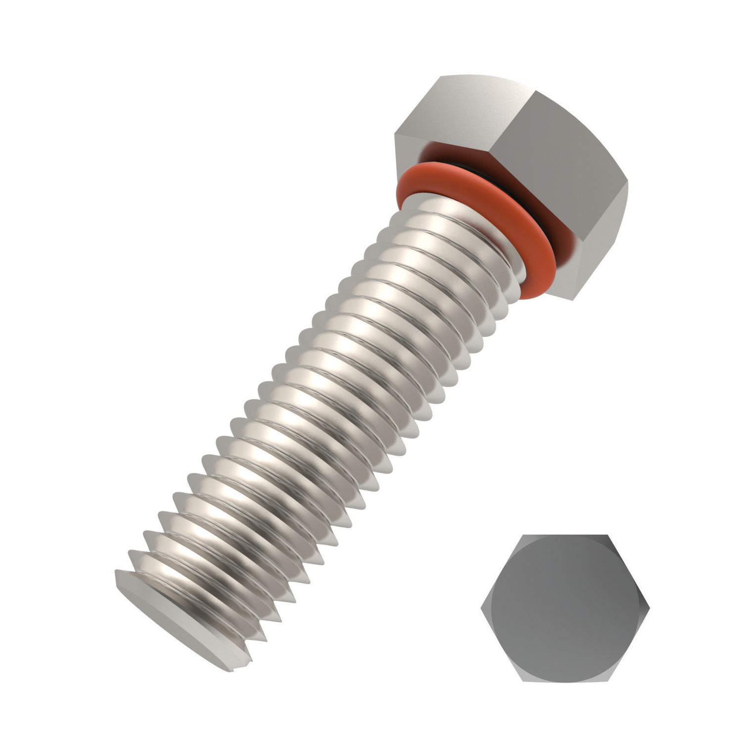 integral seal bolt with a hexagonal head, red seal ring under the head and threaded shaft all the way to the bottom